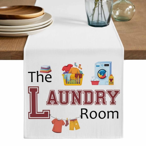 Laundry Room Table Runner, Cartoon Washday Washing Machine Clothes Washable Cotton Linen Table Runners 36 Inches Long, Dresser Scarf Runner for Nightstand/End Tables/Round Tables 13''x36''