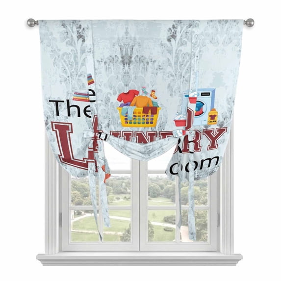 Laundry Room Tie Up Curtain Valance for Window,Adjustable Rod Pocket Window Curtains Shades,Blue Cartoon Washing Machine Clothes Light Filtering Valance Drapes for Kitchen Living Room Bedroom 42"x63"