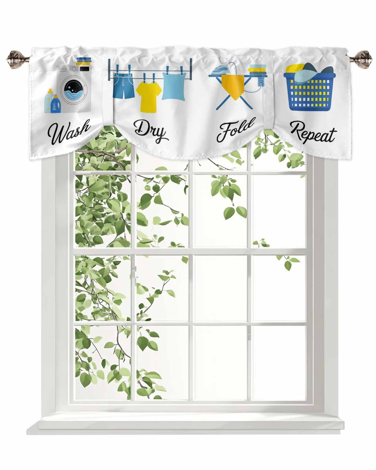 Laundry Room Tie Up Valances Curtain, Adjustable Kitchen Wash Dry Fold Repeat Valances for Windows Decor, Rod Pocket Short Curtains Set for Bedroom/Bathroom, 60"x18"
