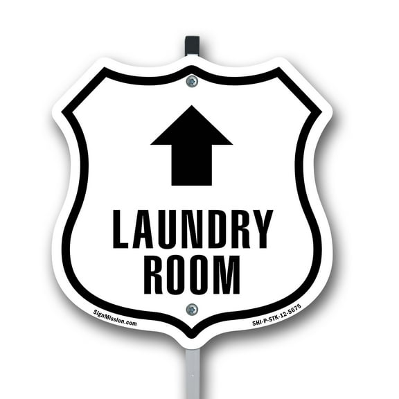Laundry Room Up 12 inch X 12 inch Shield Shaped Commercial Grade Plastic Sign with Aluminum Mounting Stake Weather Resistant Made in the USA