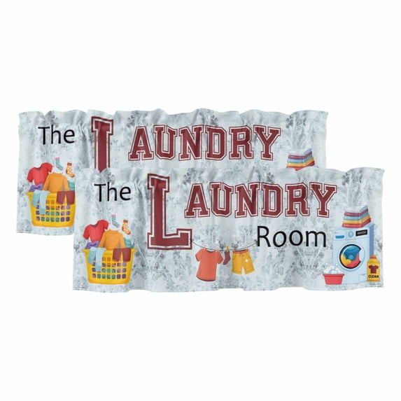 Laundry Room Valances for Windows, Decorative Rod Pocket Window Valance Curtains, Blue Cartoon Washing Machine Clothes Short Curtain Drapes for Kitchen/Bathroom/Living Room, 2 Panels, 60" W x 18" L
