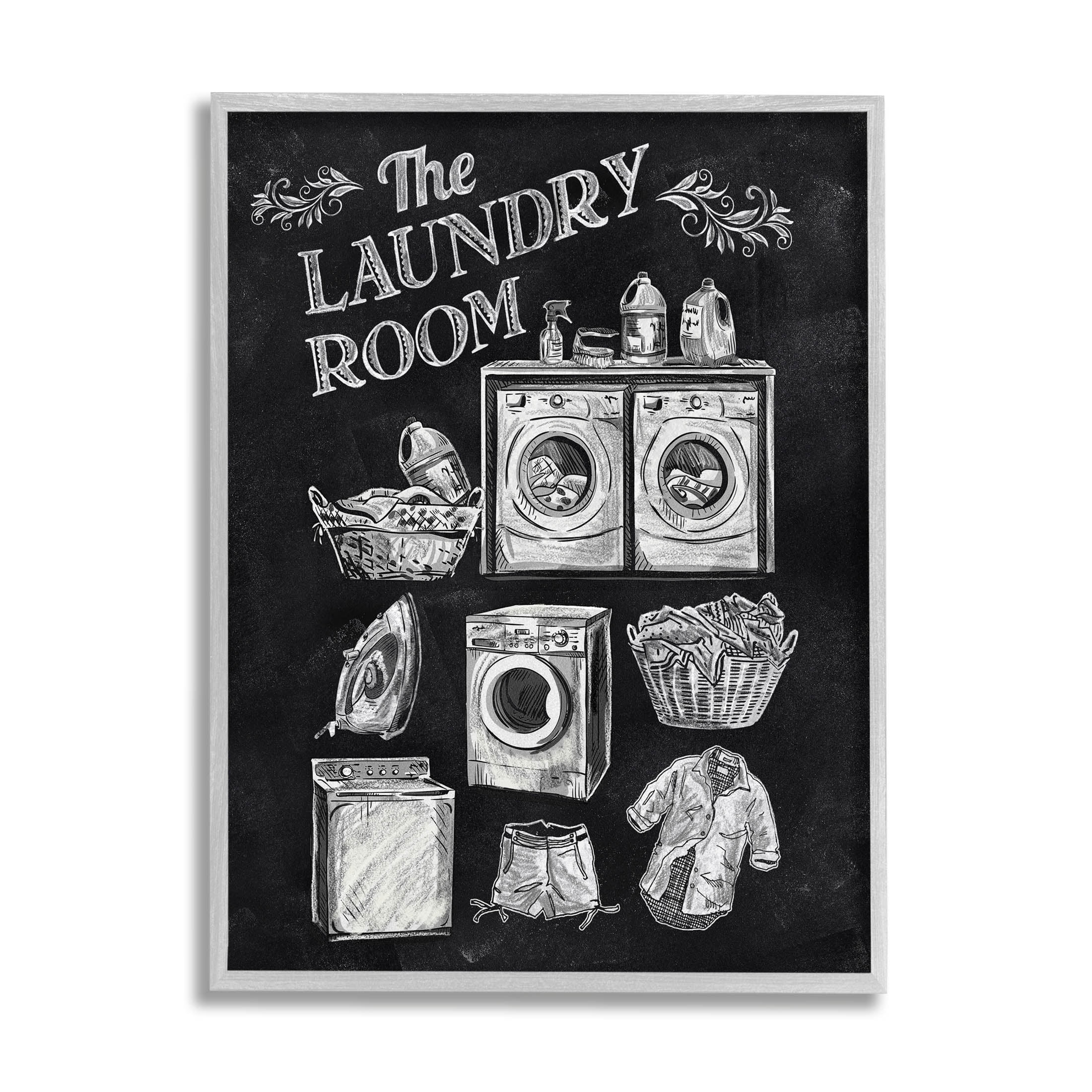 Laundry Room Vintage Drawings Typography Graphic Art Gray Framed Art Print Wall Art
