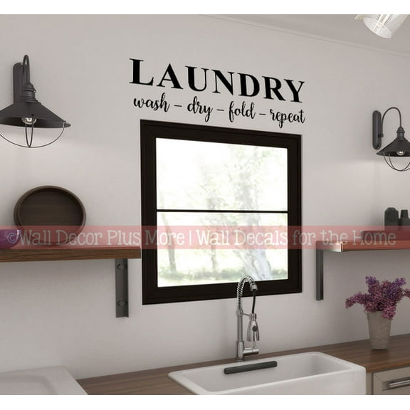 Laundry Room Vinyl Wall Decal Saying Wash Dry Fold Repeat - Wall Sticker Vinyl Lettering Laundry Room Door Sign Stickers - Wall Art Decor for Laundry Room 23x7- Inch Black