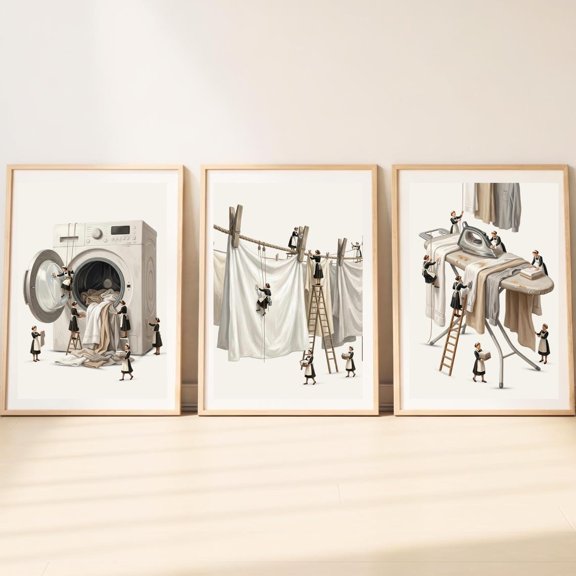 Laundry Room Wall Art Set of 3 Utility Room Decor Prints Washing Machine Laundry Line Ironing Board Neutral Laundry Posters Set 3