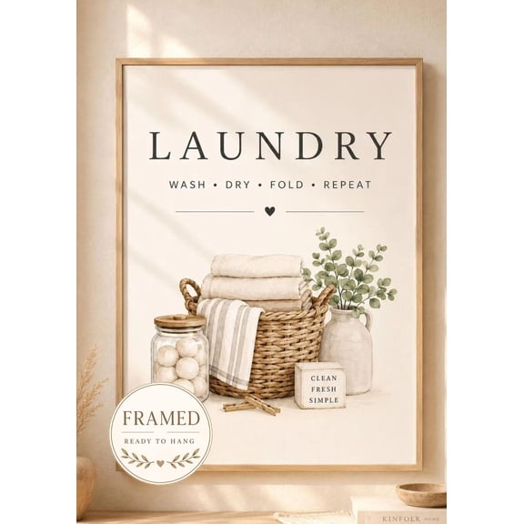 Laundry Room Wall Art Wash Dry Fold Repeat Print Neutral Farmhouse Laundry Decor Wooden