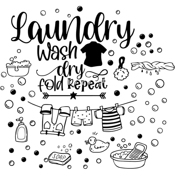 Laundry Room Wall Decal Laundry Decor Sticker Black Wash Dry Fold Repeat Wall Sticker Art Quote Sticker Decals for Home Apartment Washing Decoration 23.6x11.8Inch