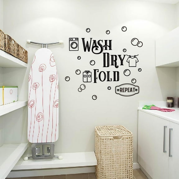 Laundry Room Wall Decals: Wash Dry Fold Repeat Quotes Vinyl Cartoon Typographic White & Pink PVC Waterproof Indoor Wall Decor