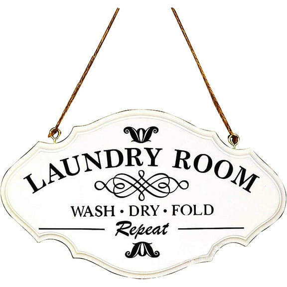 Laundry Room Wash Dry Fold Rustic Wood Sign Vintage Look Home Bathroom Wash Room Hanging Sign Plaque 6x11Inch (White)