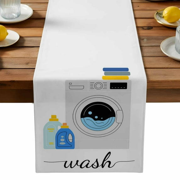 Laundry Room Wash Table Runner, Washing Machine Kitchen Table Runners Dress Scarves for Table Decorations Party/Restaurant/Indoor Outdoor Use, 13x36in