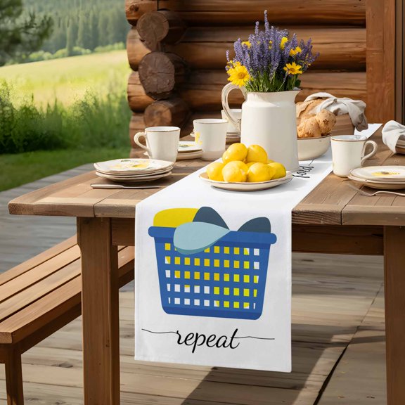 Laundry Room Wash Text Table Runner 13x36in Non-Slip Cotton Linen Table Runners, Blue and White Dresser Scarves TableRunner for Dinner Kitchen Dining Wedding Party