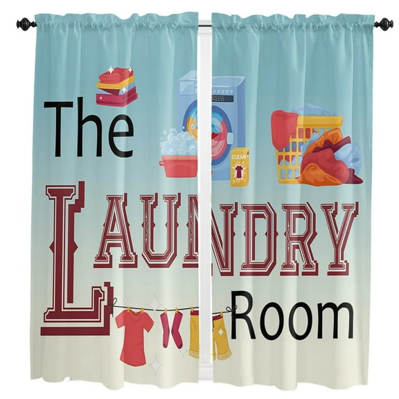Laundry Room Washing Machine Blue Gradient Rod Pocket Short Curtain Half-Curtain For Home Kitchen Door Drape Cafe Small Window