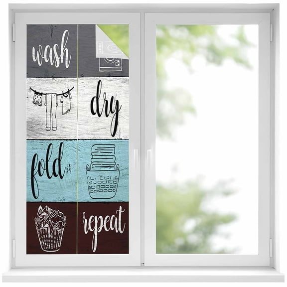 Laundry Room Window Privacy Film, Wash Dry Fold Repeat Splicing Colorful Wood Static Cling UV Sun Blocking Heat Control Window Tint, Non-Adhesive One Way Windows Privacy Cover 17.7''x39.3''