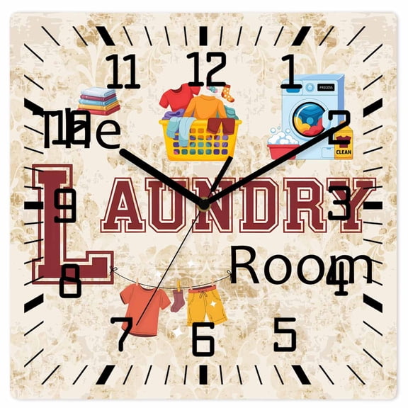 Laundry Room Wooden Wall Clock Silent Non Ticking, Rustic Farmhouse Washing Machine Clothes Square Wall Clocks Battery Operated, Decor Clock for Home Office, Living Room, Kitchen, 12 Inch