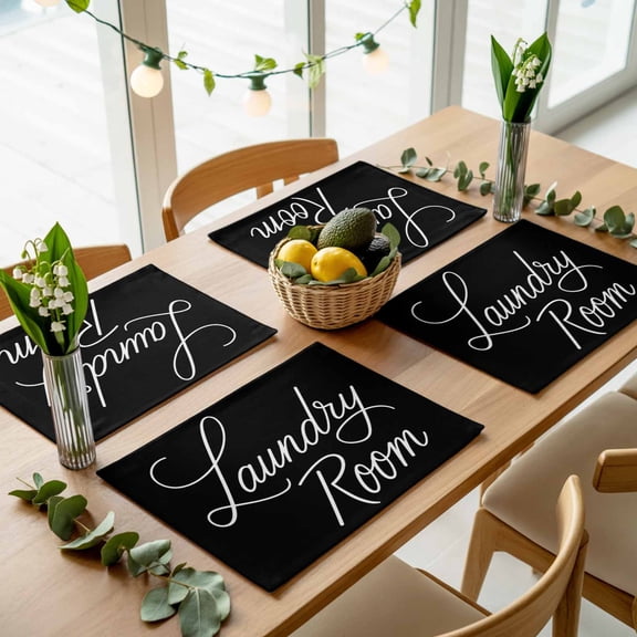 Laundry Room Words Placemats Set of 4,Wipeable Washable Table Mats for Dining Tables, Black Background Place Mats for Kitchen Event Party Tabletop Decor