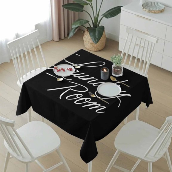 Laundry Room Words Table Cloth 54x54in, Waterproof Square Tablecloth Wipeable Tablecloths Black Background Table Covers for Dining Tables Party Indoor Outdoor