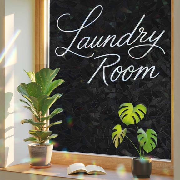 Laundry Room Words Window Privacy Film, Rainbow Film Decorative Window Sticker 17.7x39.3in, Black Background Sun Blocking Static Stained Glass Cling Tint Non-Adhesive