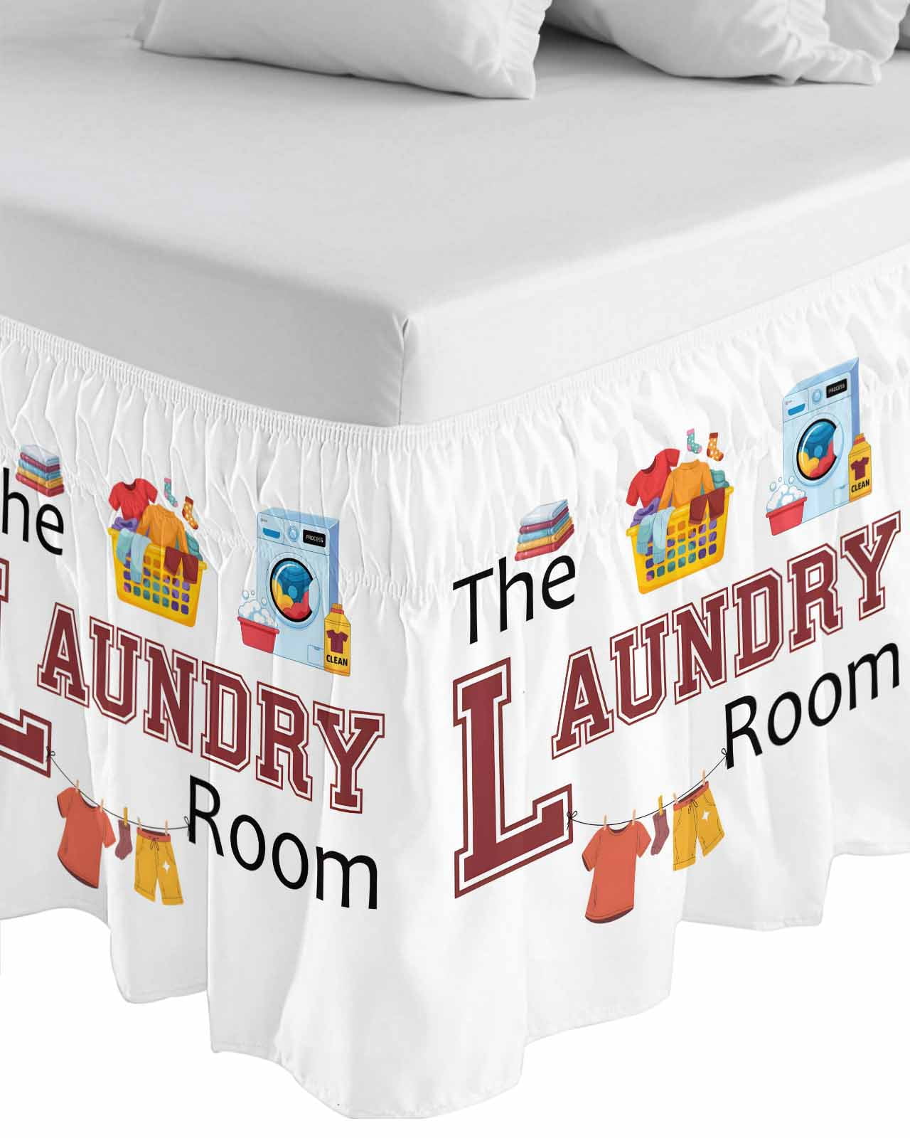 Laundry Room Wrap Around Bed Skirts for Queen Bed 16" Drop, Bed Skirt with Adjustable Elastic Belt Dust Ruffle Bed Valance for Bedroom Hotel Luxury Cartoon Washing Machine Clothes Bed Frame Cover