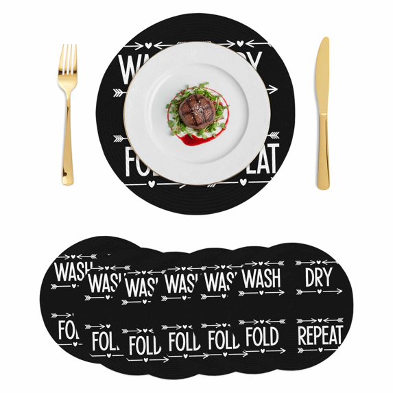 Laundry Round 13 Inch Placemats Set of 6, Funny Wash Dry Fold Minimalist Text Black HeatResistant Non Slip Place Mats for Dining Table, Wipeable Braided Kitchen Table Mats for Housewarming