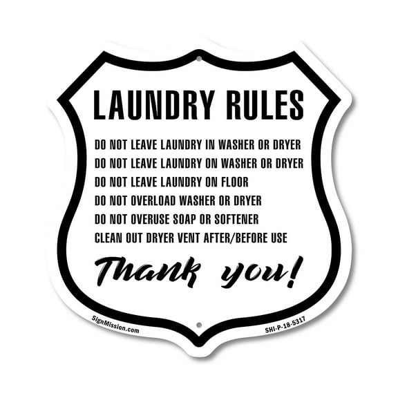 Laundry Rules 12 inch X 12 inch Shield-Shaped Rust-Free Aluminum Metal Sign Weather Resistant Made in the USA