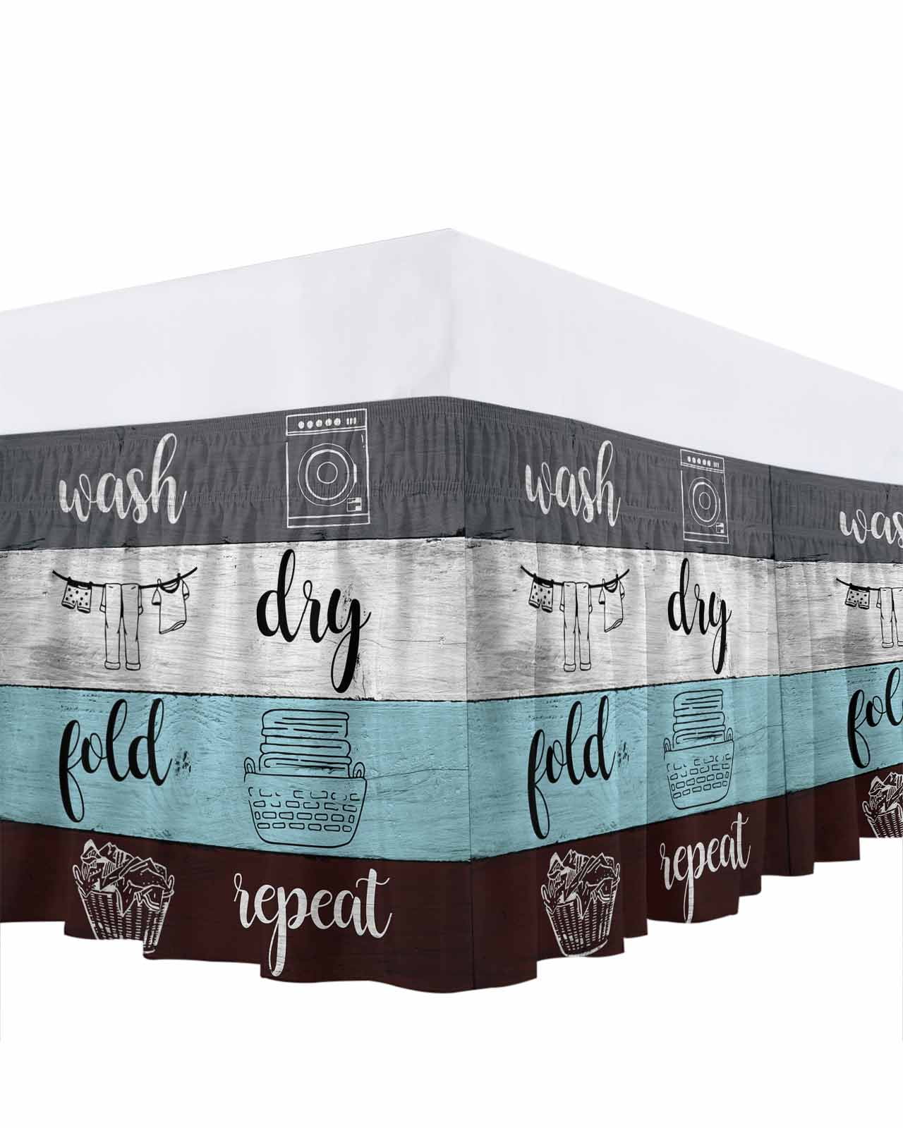 Laundry Rules Bed Skirt Retro Blue White Wood Board Grain Bed Skirts Queen Size 16 Inch Drop, Wrap Around Dust Ruffle&nbsp;Bedskirt with Adjustable Elastic Belt for Queen Size Beds