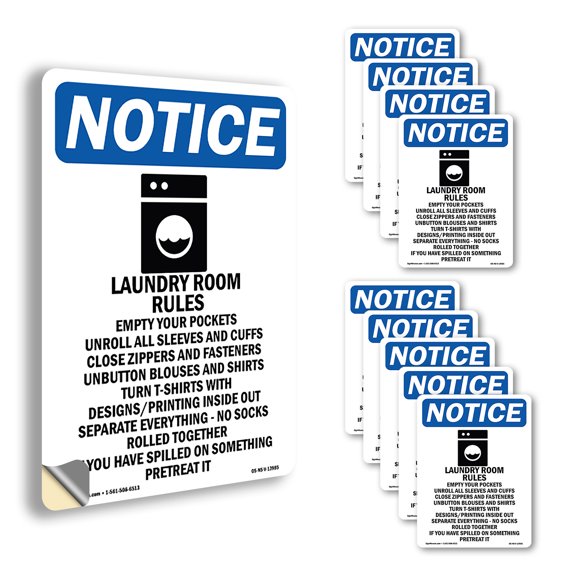 Laundry Rules Empty With Symbol OSHA Notice Vinyl Decal Label 10 Inch x 7 Inch - 10 Pack