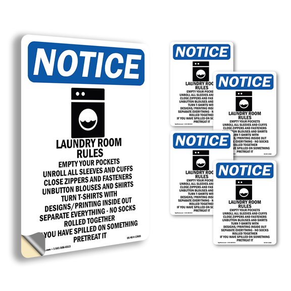 Laundry Rules Empty With Symbol OSHA Notice Vinyl Decal Label 5 Inch x 3.5 Inch - 5 Pack