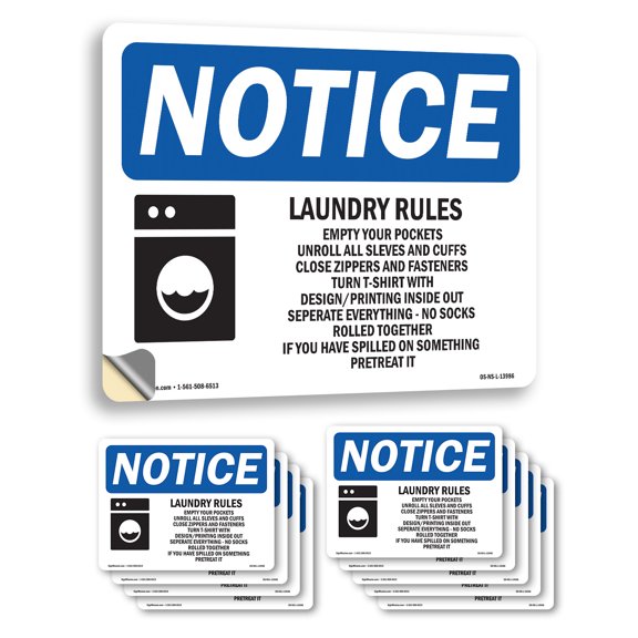 Laundry Rules Empty Your Pockets With Symbol OSHA Notice Vinyl Decal Label 5 Inch x 3.5 Inch - 10 Pack