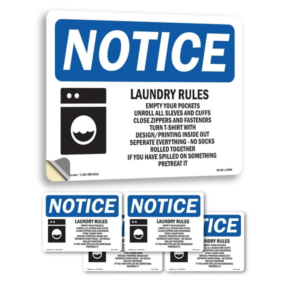 Laundry Rules Empty Your Pockets With Symbol OSHA Notice Vinyl Decal Label 5 Inch x 3.5 Inch - 5 Pack
