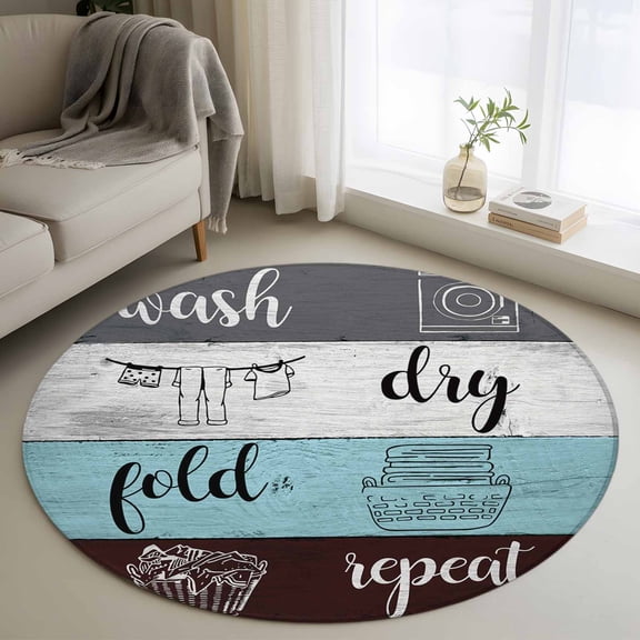 Laundry Rules Round Rugs for Living Room 3ft Retro Blue White Wood Board Grain Non Slip Circle Rug Washable Low-Profile Indoor Carpet for Bedroom, Dining Room, Bathroom