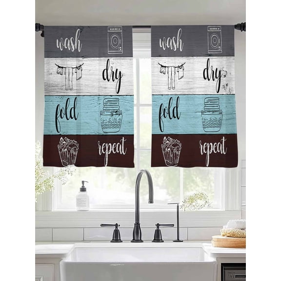 Laundry Rules Sheer Curtains 45 inches Long 2 Panels Set Retro Blue White Wood Board Grain Tiers Sheers Rod Pocket Small Window Short Curtains for Kitchen Cafe, Each 52" W x 45" L