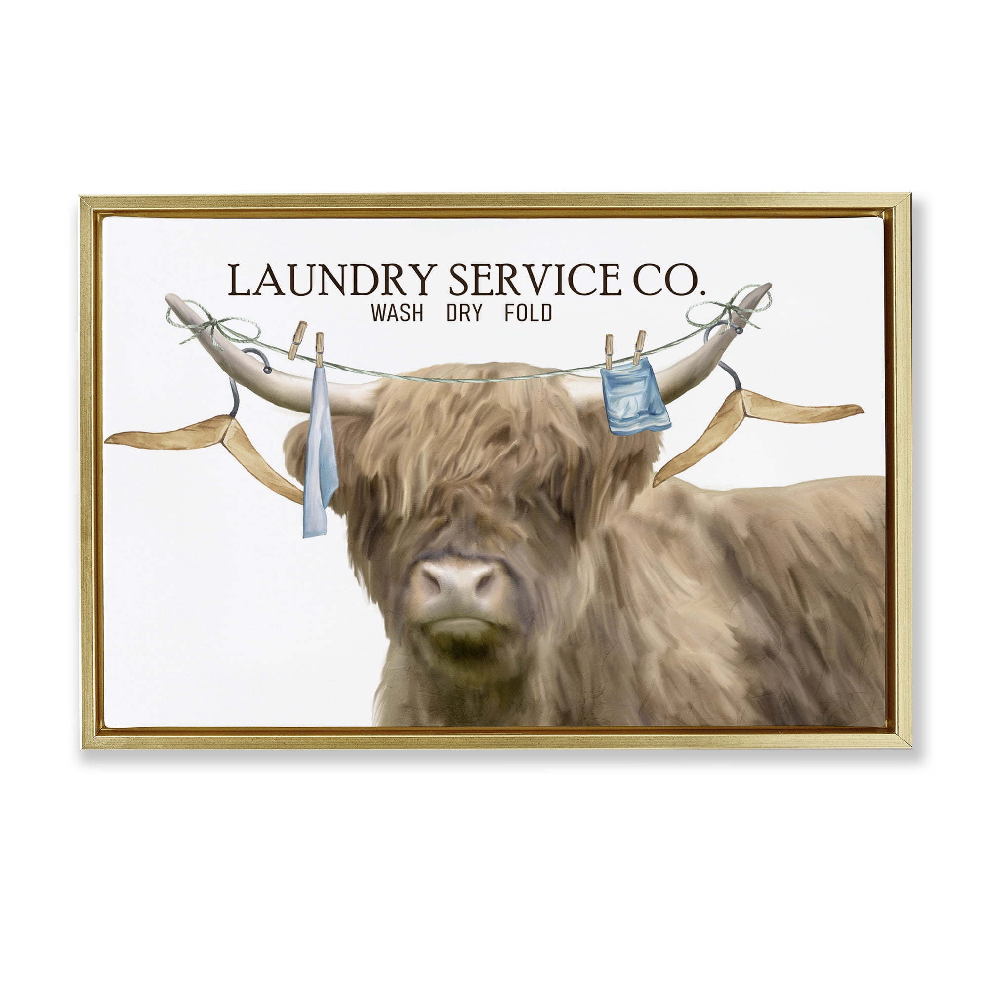 Laundry Service Cattle Gold Framed Floater Canvas Wall Art, design by Kim Allen