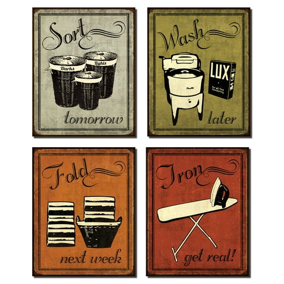 Laundry Set - Vintage Sort Wash Fold and Iron Signs; Four 8X10 Mounted Prints