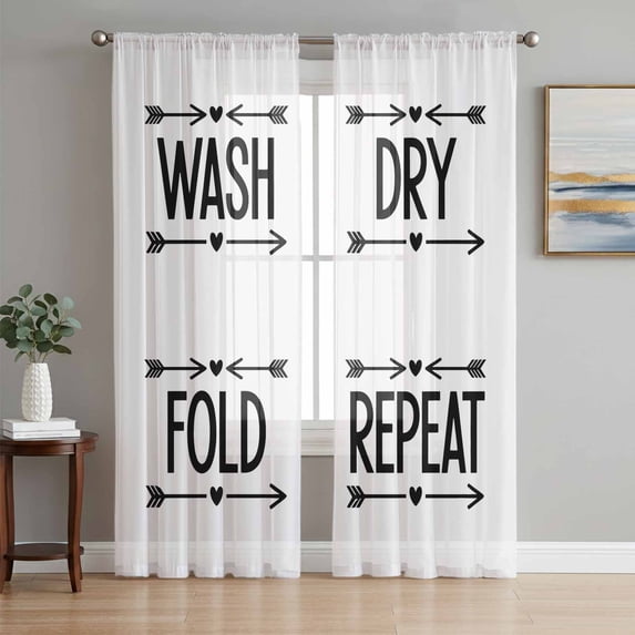 Laundry Sheer Curtains 84 Inch Length 2 Panels Set, Black Words Funny Wash Dry Fold Minimalist Voile Window Treatment Rod Pocket Curtains Sheers Drapes for Bedroom/Living Room/Kitchen 52"x84"x2