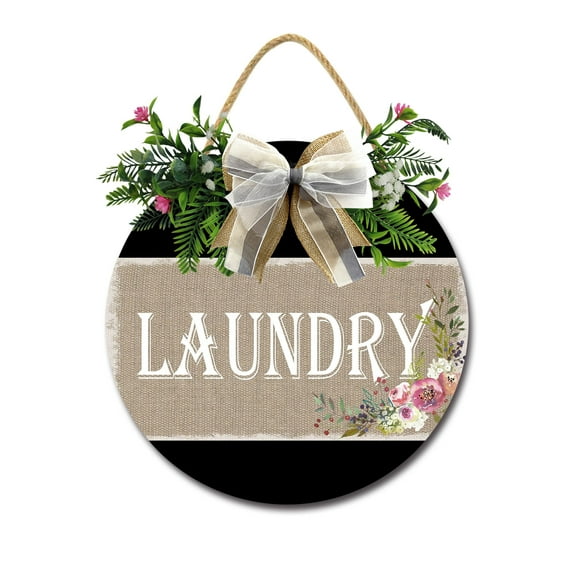 Laundry Sign Front for Door Decoration, 12 in Round Wood Wreaths Wall Hanging Outdoor, Farmhouse, Porch, for Spring Summer Fall All Seasons Holiday Christmas