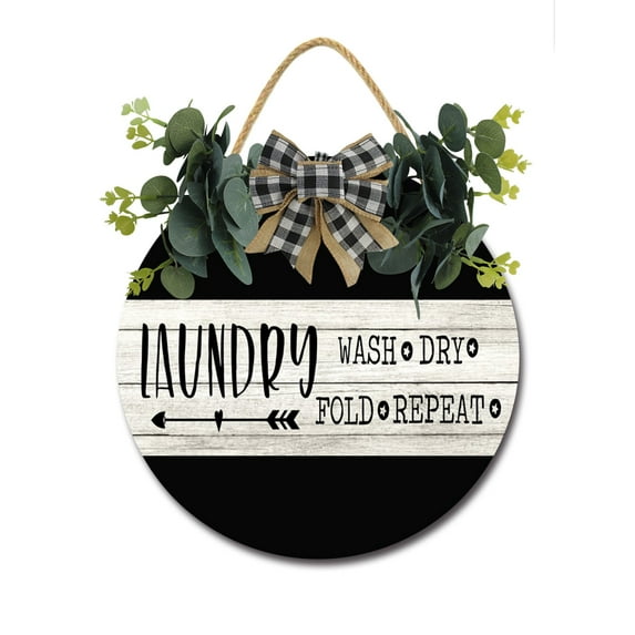 Laundry Sign Front Door Porch Decorations, Round Rustic Wood Hanging Sign for Farmhouse Porch Outdoor Home Holiday Front Door Sign Decor