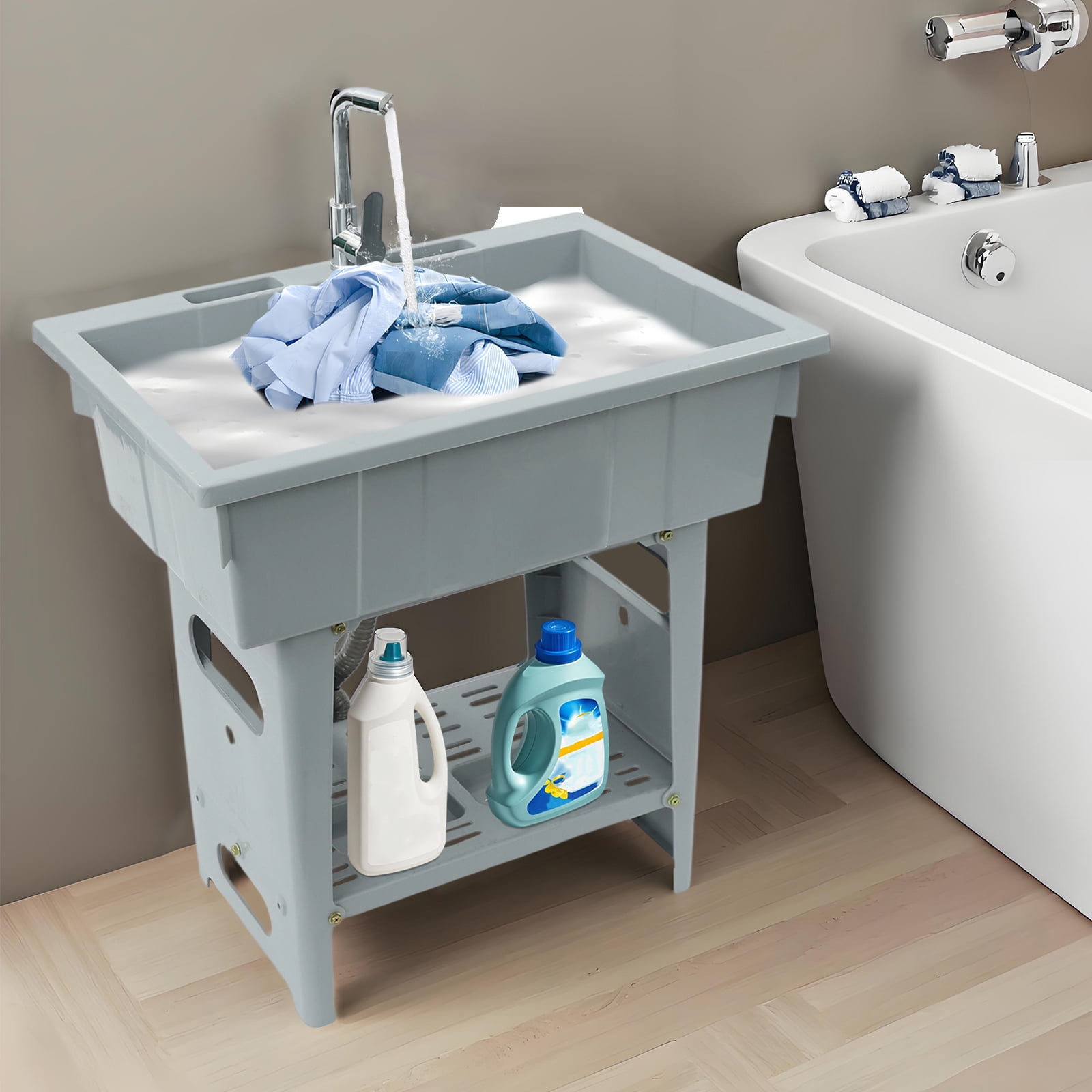 Laundry Sink 31.5x22x31.9in Grey Freestanding Utility Sink with 28.4x17.7x9.4in Basin & Storage Shelf