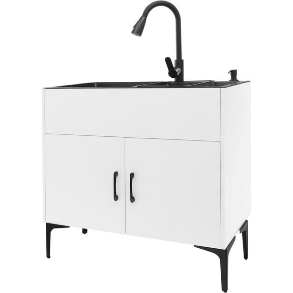 Laundry Sink Cabinet with Pull-Down Faucet Stainless Steel Utility Sink for Laundry Utility Room Bathroom Vanity Sink Cabinet with 2 Doors for Kitchen Outdoor (White)