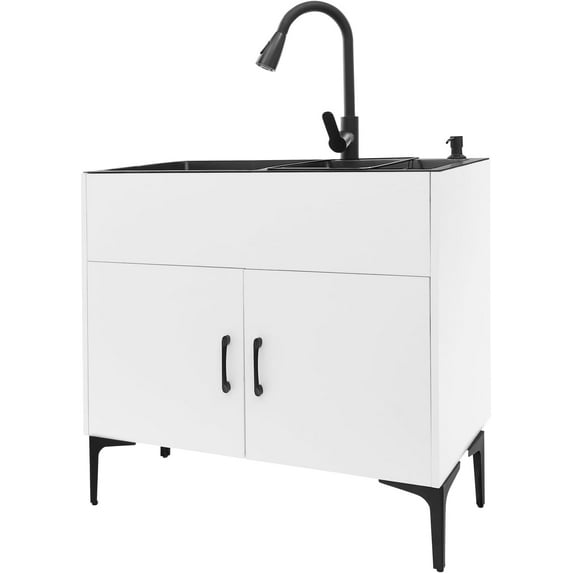 Laundry Sink Cabinet with Pull-Down Faucet Stainless Steel Utility Sink for Laundry Utility Room Bathroom Vanity Sink Cabinet with 2 Doors for Kitchen Outdoor (White)