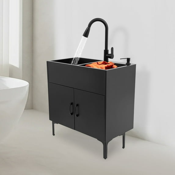 Laundry Sink with Cabinet & Pull-Out Faucet, Kitchen Sink Cabinet with Draining Basket, Stainless Steel Double Bowl Utility Sinks, Wash Station Tub for Kitchen, Laundry Room (Black)