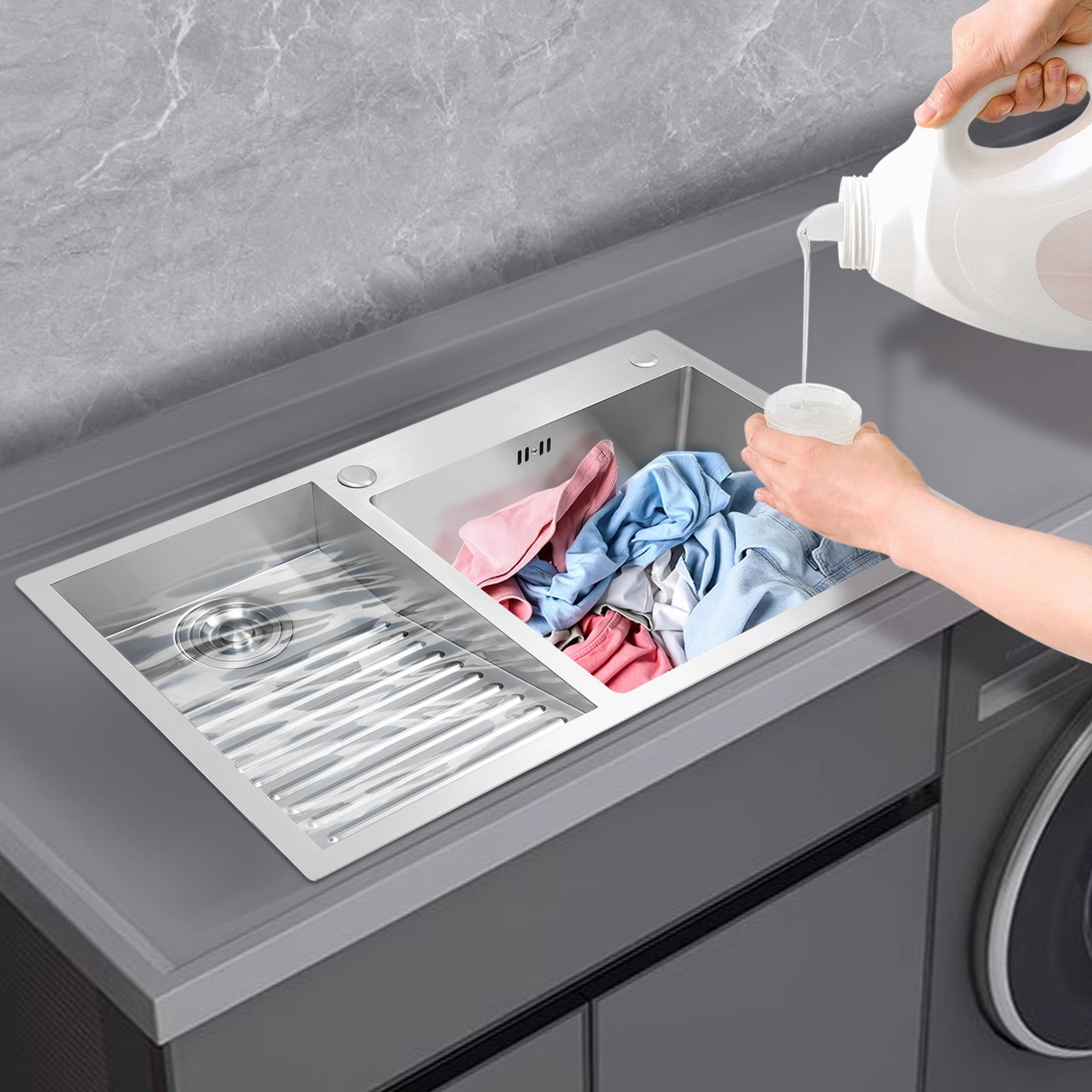 Laundry Sink Drop-in Stainless Steel Utility Sink Hand Wash Tub with Washboard