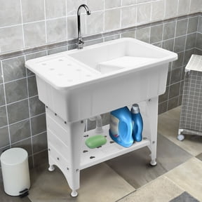 Laundry Sink Freestanding Plastic Indoor and Outdoor Utility Sink with Washboard