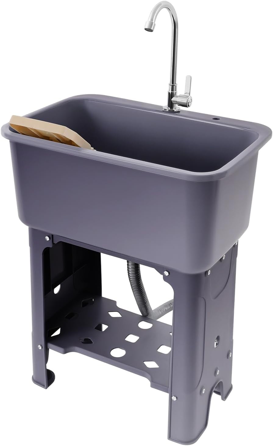 Laundry Sink Freestanding Plastic Utility Sink W/Storage Shelf Faucet Drain Kit For Laundry Room, Bathroom, Farmhouse