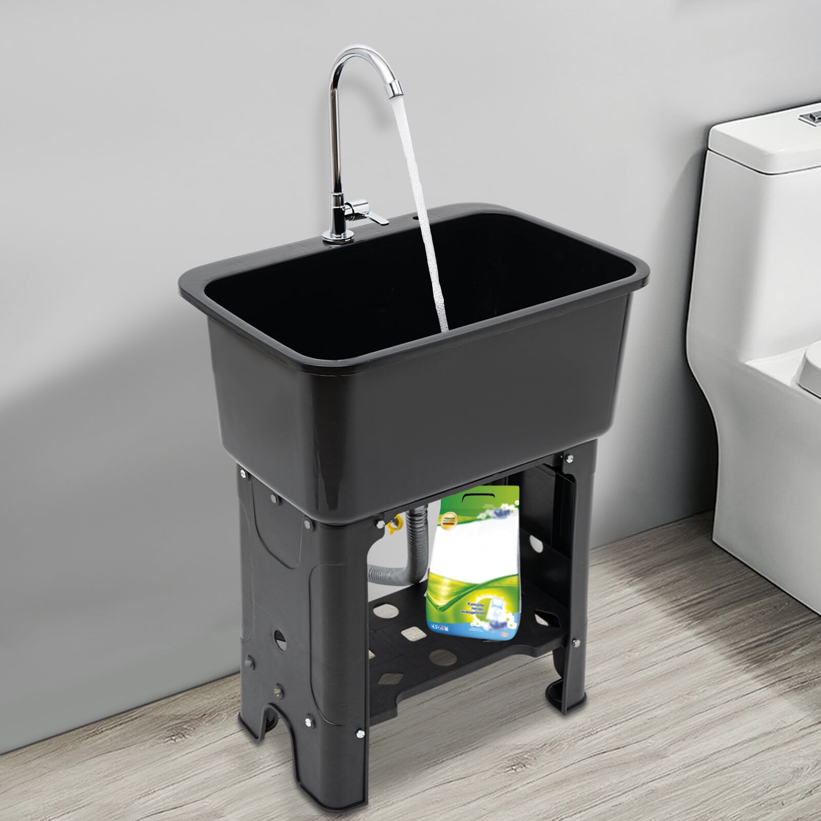 Laundry Sink Freestanding Plastic Utility Sink W/Storage Shelf Faucet Drain Kit For Laundry Room, Bathroom, Farmhouse