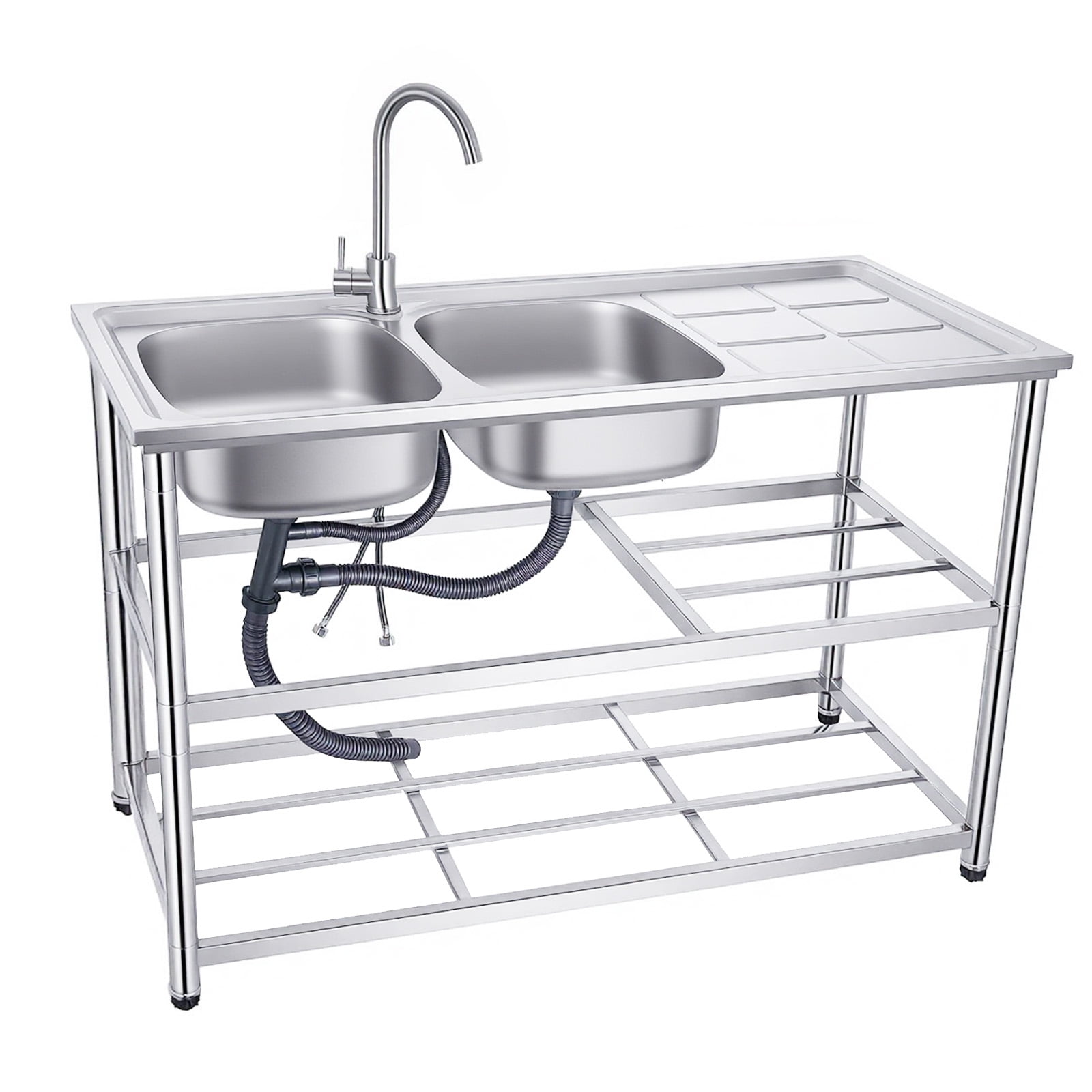 Laundry Sink, Stainless Steel Sink, Double Bowl Washing Hand Basin, Kitchen Utility Sink with Heavy Duty Construction, Hot and Cold Water Hoses, Drain Kit for Basement, RV, Campground