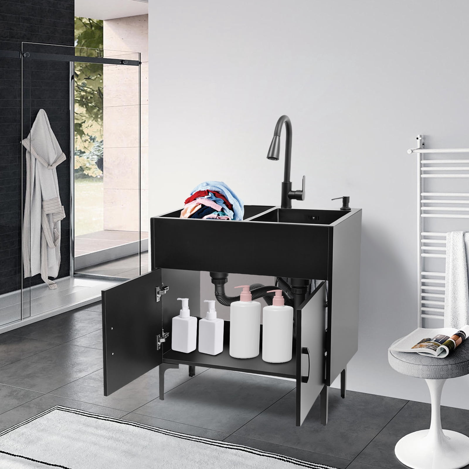 Laundry Sink Stainless Steel Utility Sink Cabinet with Sink with Flexible Faucet 75*41cm