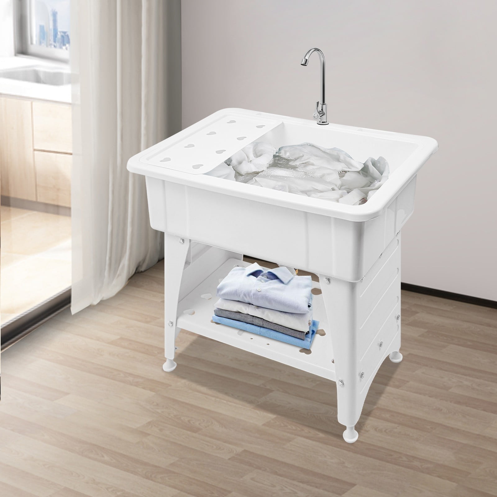 Laundry Sink Utility Tub 220.46 lbs Capacity 37.5*110cm for Washing Room Freestanding Adjustable Foot Height