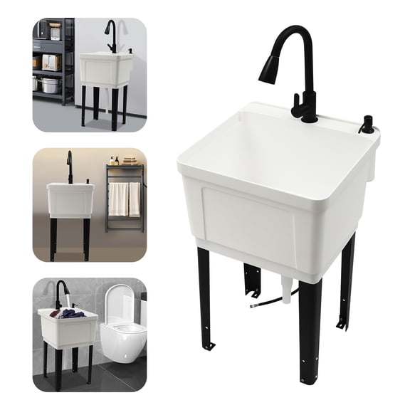 Laundry Sink Utility Tub With High Arc Stainless Steel Pull Down Faucet15.85 Gal 50*48*84 cm for Restaurants, Laundries, Stores