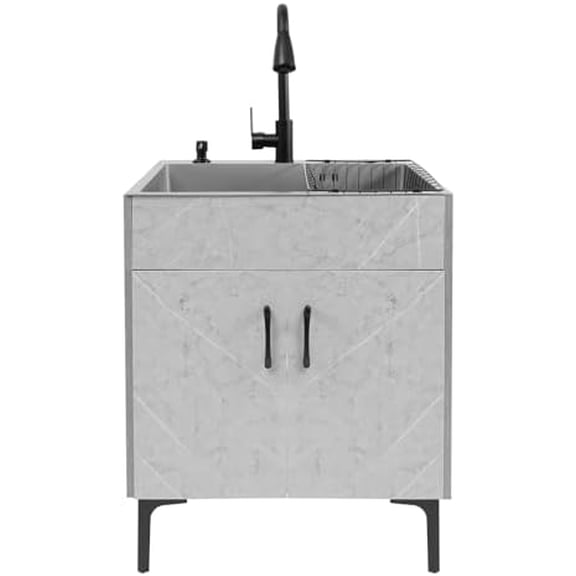 Laundry Sink w/Cabinet & Pull-Out Faucet, Stainless Steel Sink Cabinet w/Draining Basket, Kitchen Double Bowl Utility Sinks Wash Station Tub for Home Farm Garage, 23.6''L*17.7''W*30.3''H