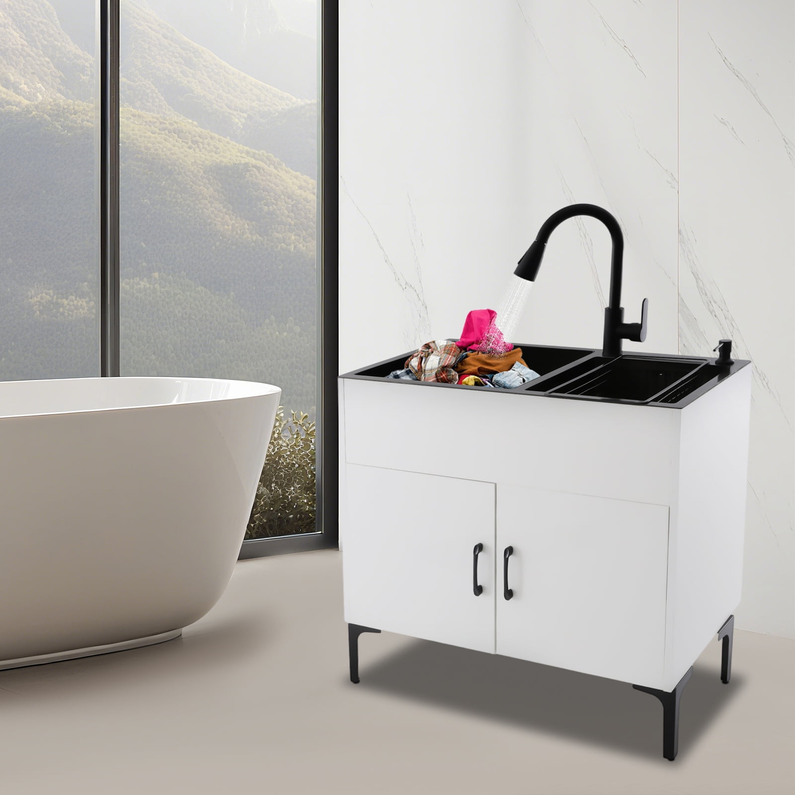 Laundry Sink with Cabinet, Sink with Pull-Out Faucet and Cabinet, Freestanding Kitchen Sink