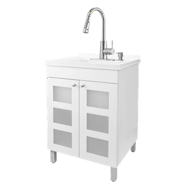 Laundry Sink with White Cabinet Stainless Finish Pull-Down Faucet